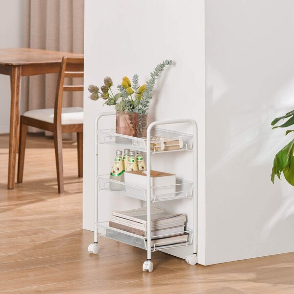 Industrial End Side Table Mesh Wire Rolling Utility Cart With Lockable Castors for Bathroom Bedside Living Room Farmhouse 4-Tier Kitchen Island Serving Cart Microwave Oven Stand Storage Cart