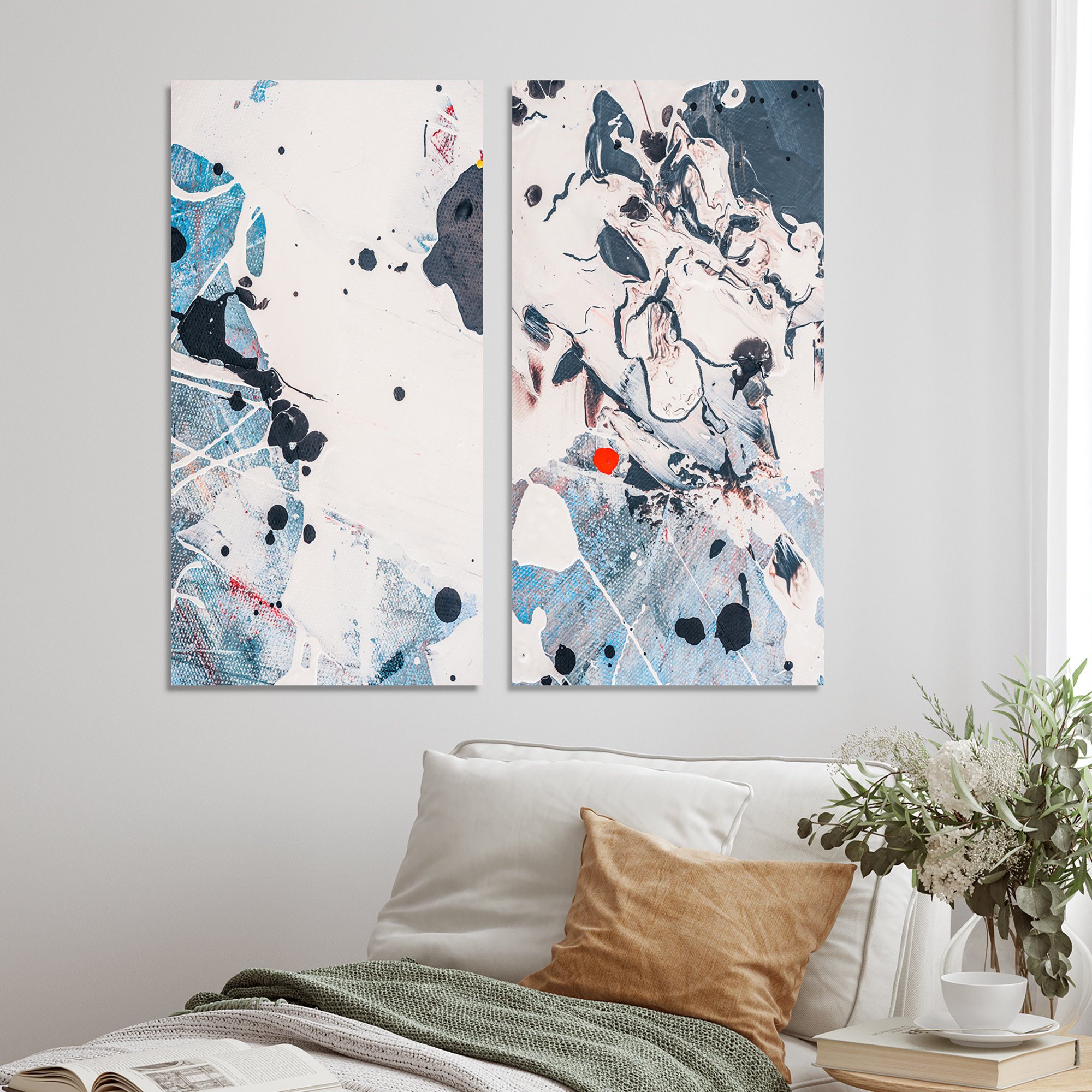 Ivy Bronx Black And Blue Paint Stains - 2 Piece Painting Set on Canvas ...