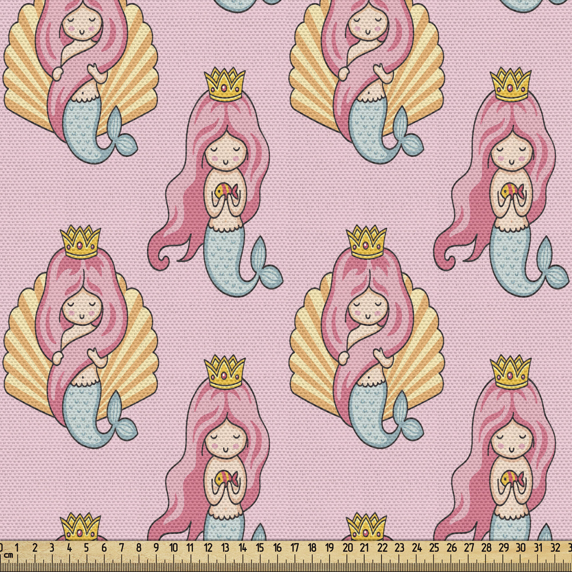 East Urban Home fab_175040_Ambesonne Crown Fabric By The Yard, Cartoon  Style Queen Mermaids Along Lengthy Hair Fish Tail And Shell On Back,  Decorative Fabric For Upholstery And Home Accents, Pale Pink Multicolor |