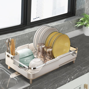 Premium Two Tier Extending Dish Rack with Utensil Caddy c/w Wine Glass Holder 