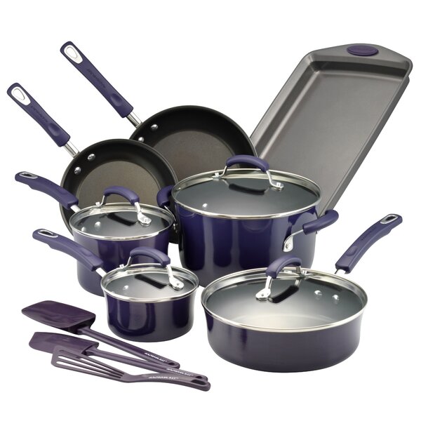 Gray 15-Piece Hard Enamel Aluminum Nonstick Kitchen Pots And Pans Cookware Set 