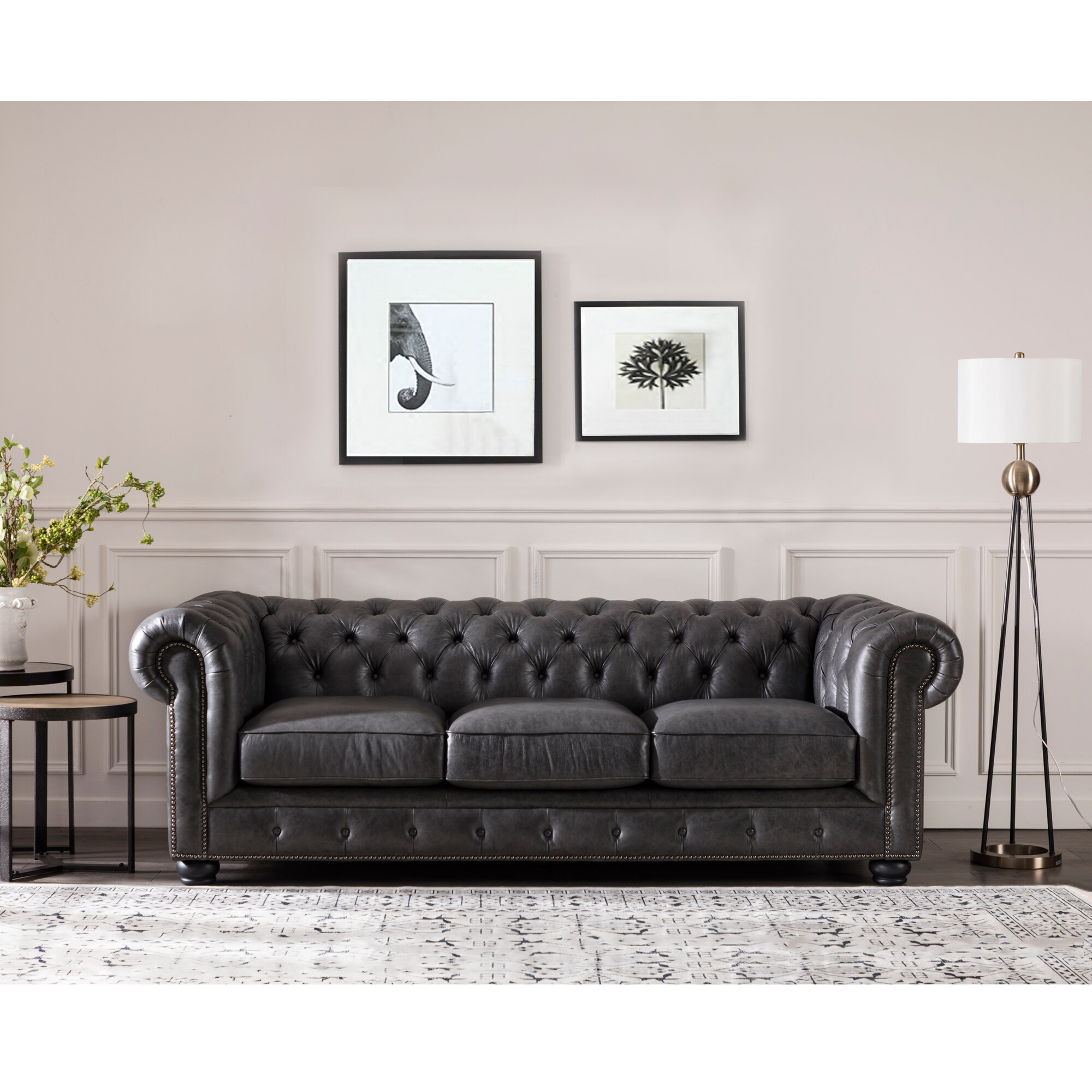 Adelbert 95” Genuine Leather Rolled Arm Chesterfield Sofa