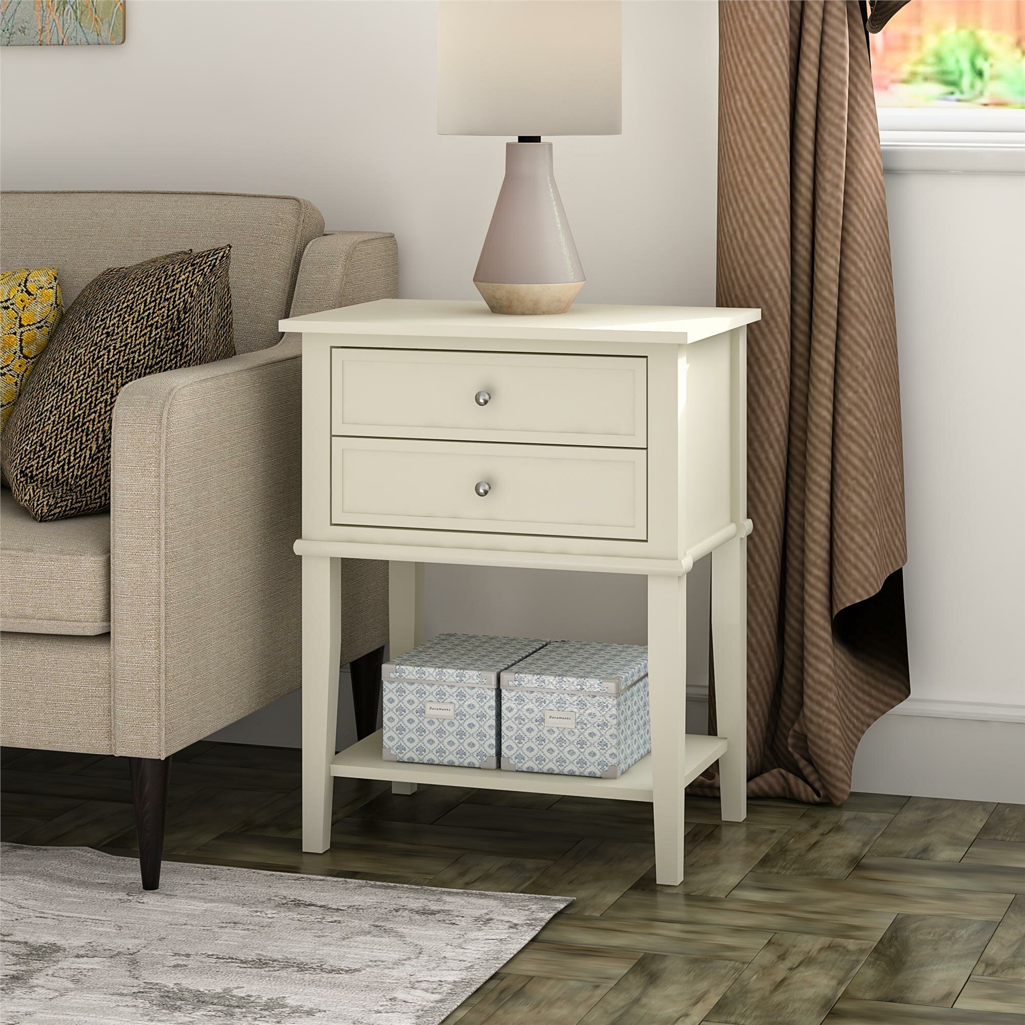 A Pair of White Wood Bedside Tables Night Stand with Storage Drawer and Basket 