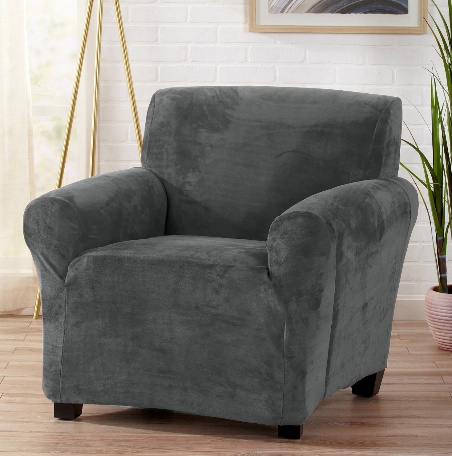 Symple Stuff Velvet Plush Form Fit Stretch TCushion Armchair Slipcover