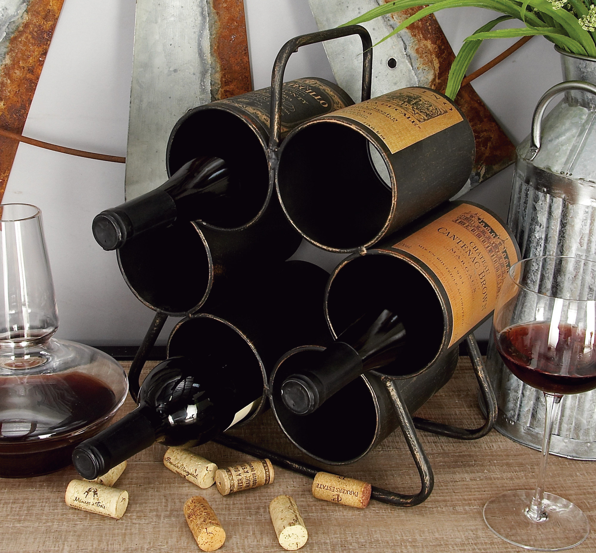 Gracie Oaks Cowger Tabletop Wine Bottle Rack in Black/Whitewash/Mustard