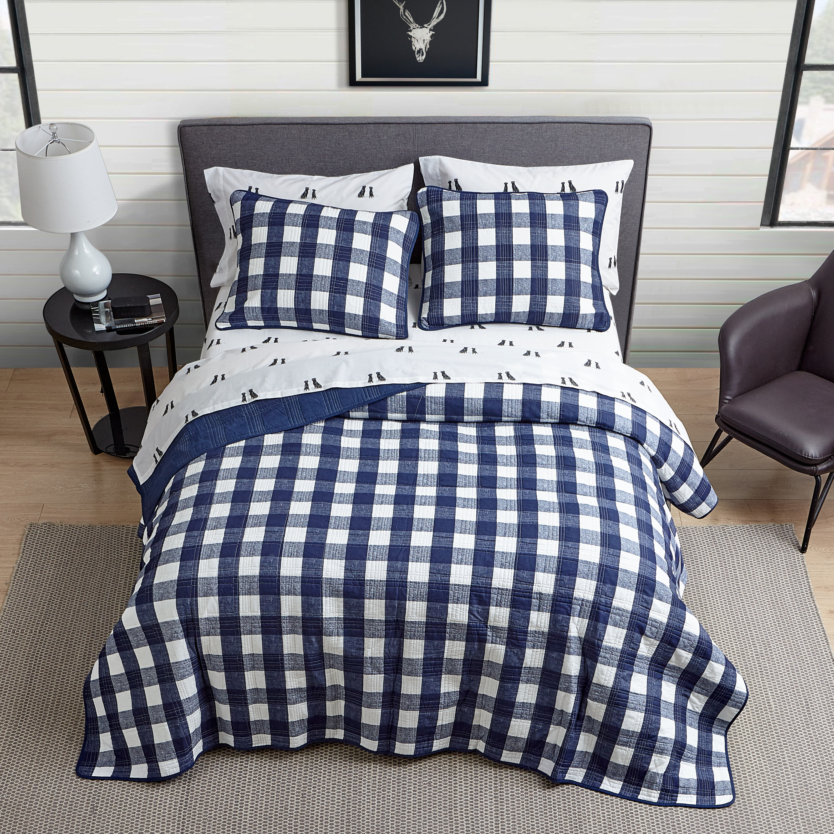 Details about   Queen Quilt Set Comforter Bedding Bed Cover Reversible Tan Blue Plaid Pattern 