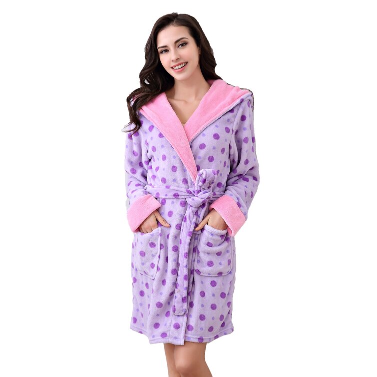 New Soft Cosy Fleece Dressing Gown Plum Bath Robe Hooded Pockets Warm Ladies 