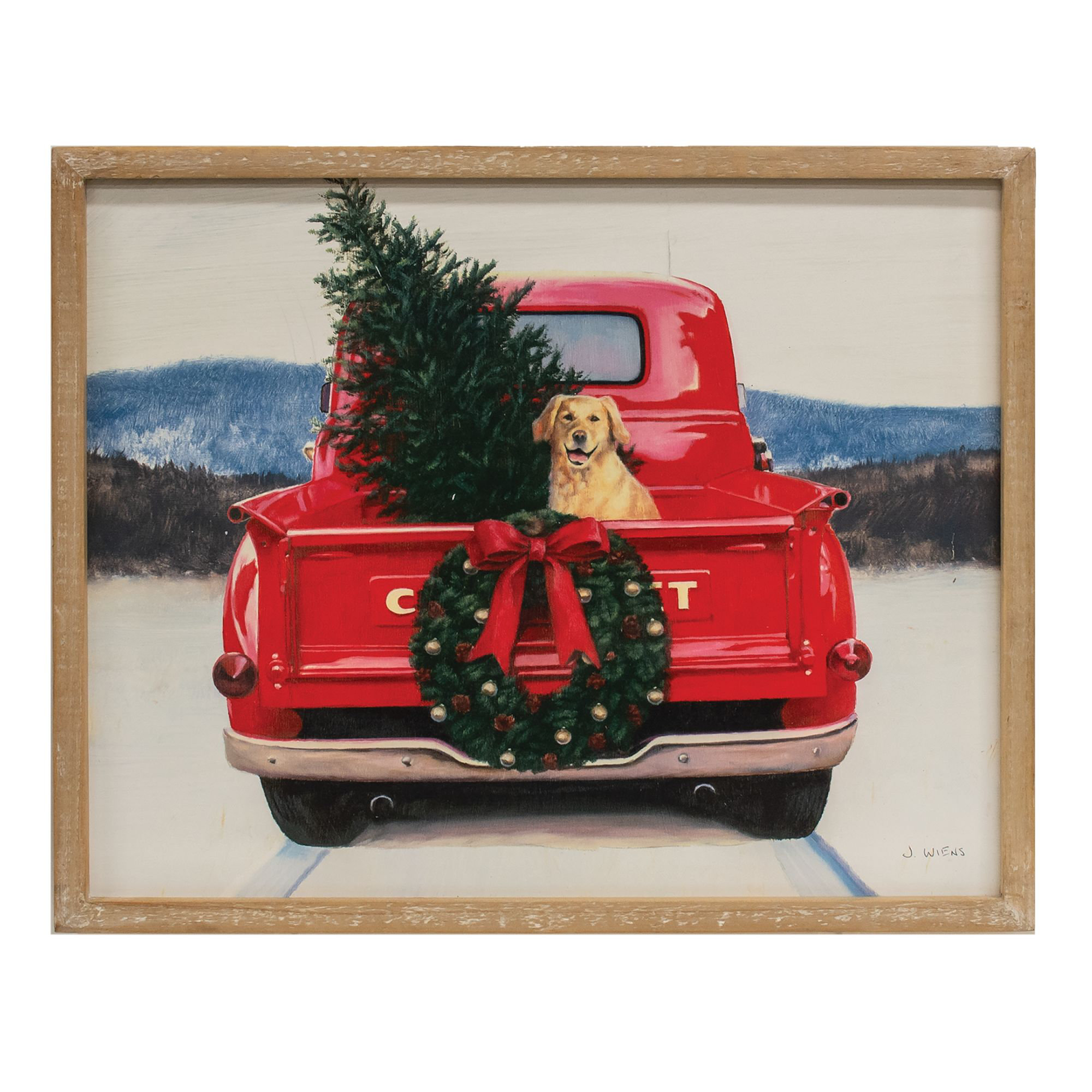 Ebern Designs Golden Dog on Christmas Truck Wood Wall Décor Wayfair