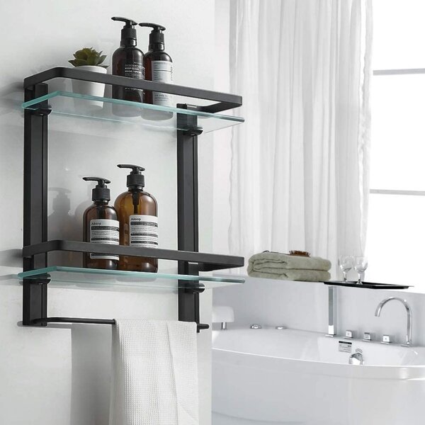 Set Of 2 Clear Glass Corner Shelf Bathroom Toilet Toughened Glass Wall Mountable 
