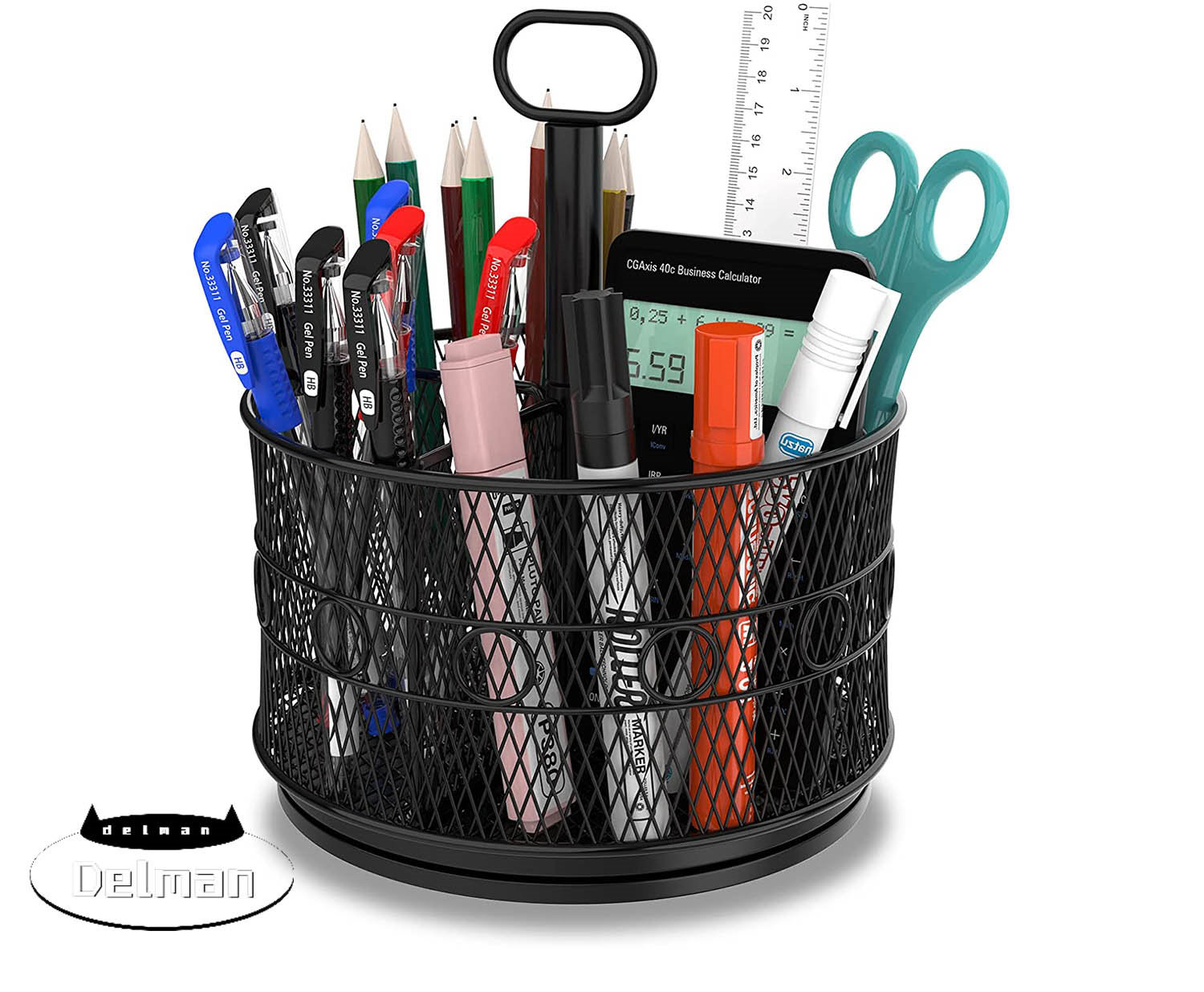 Delman Pen Holder, Metal Pencil Holder, 360° Rotating Mesh Desk