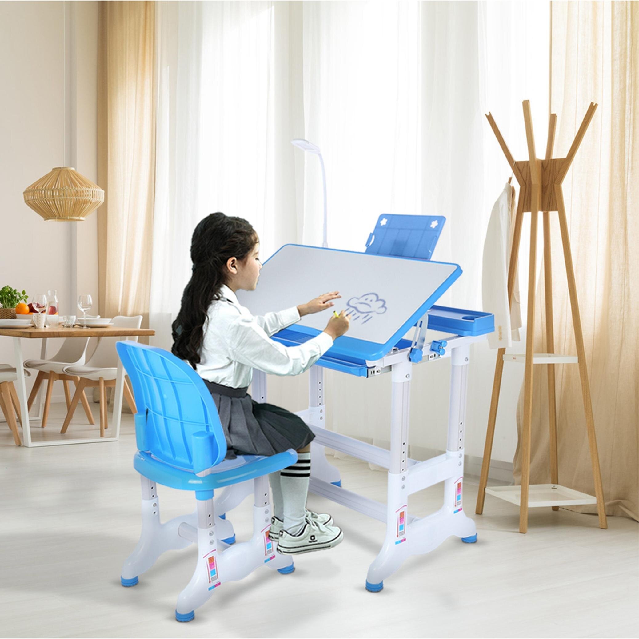 Height Adjustable Kids Study Desk Chair Set Children Table With Lamp+Drawer 