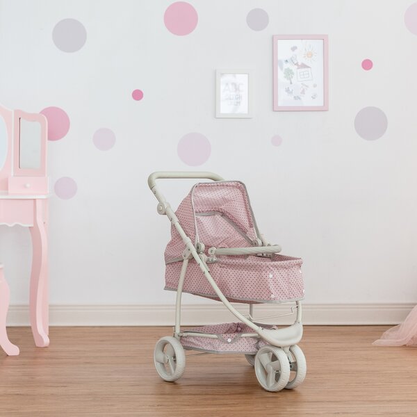 Pink Handles Silver Frame Precious Toys Pink White Polka Dots Doll Stroller 