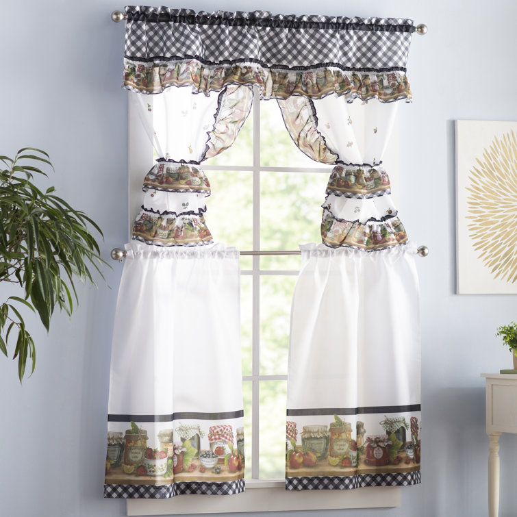 Patrik Floral Swag 57'' Kitchen Curtain in Black; White