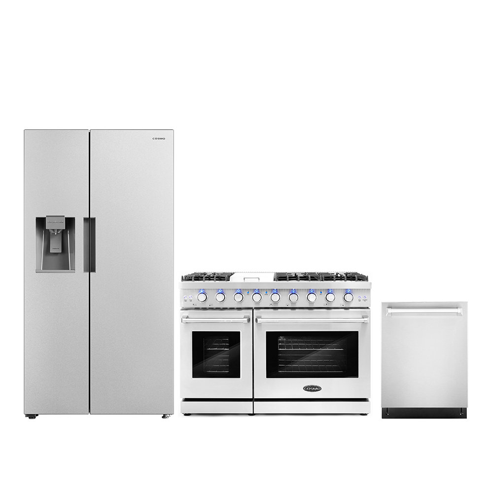 Cosmo 3 Piece Kitchen Appliance Package with Side By Side Refrigerator