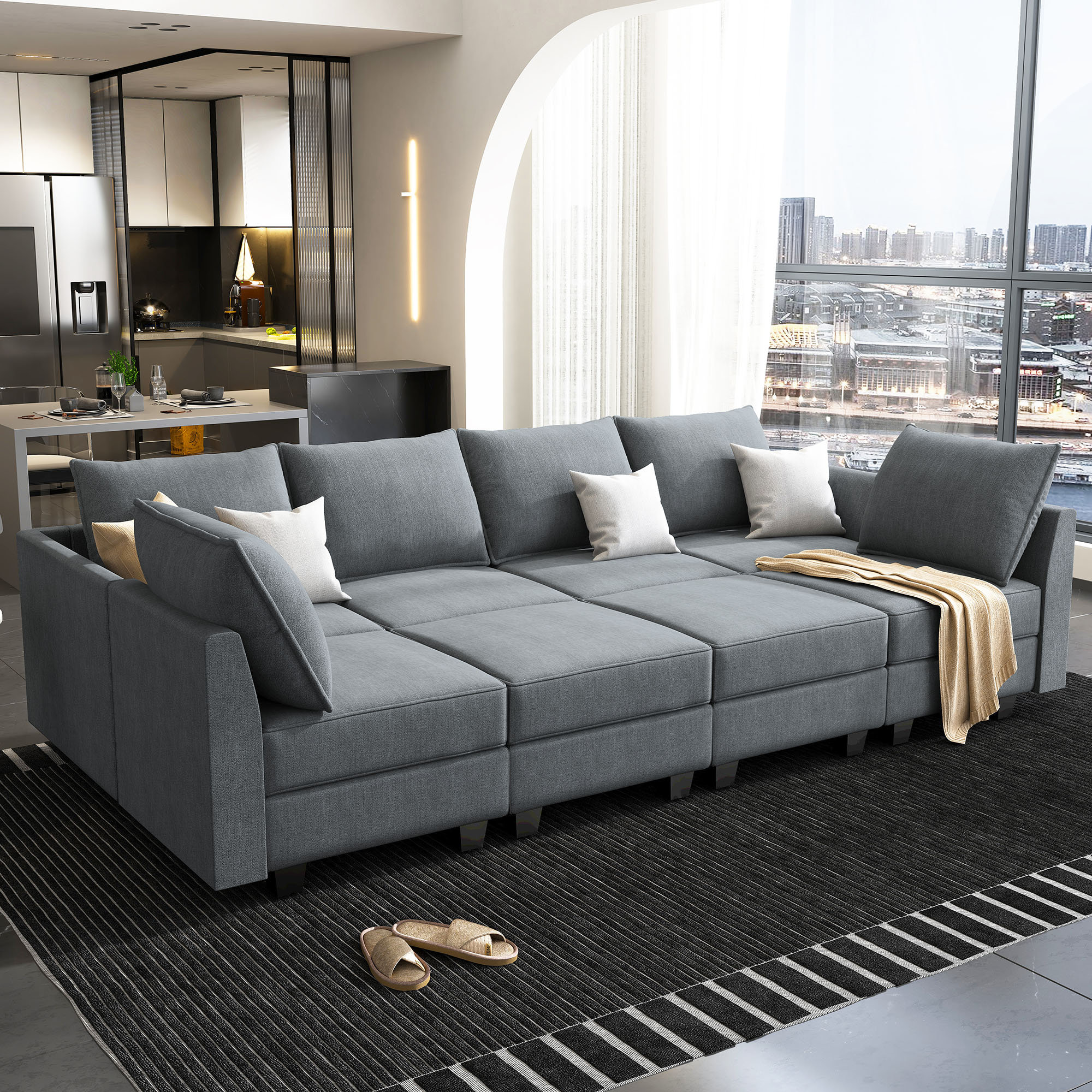 Honbay Oversized Modular Sectional Sofa Living Room Sofa Bed Modern U Shaped Sleeper Grey