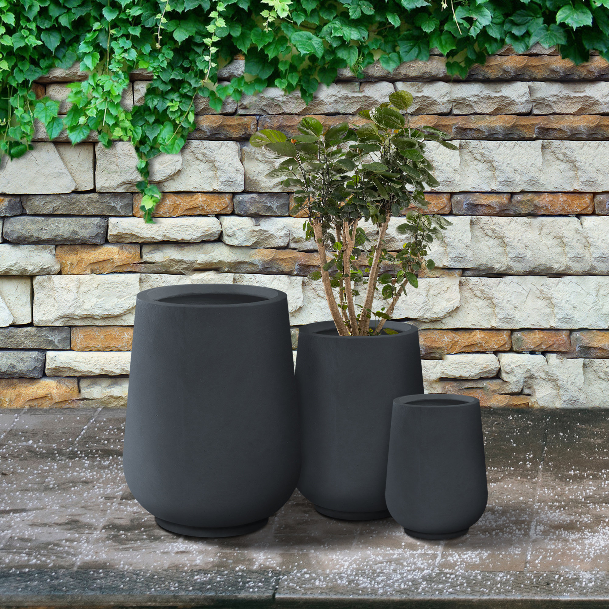 Kante 26.5", 20" And 13.1"H Round Natural Concrete Tall Planters (Set Of 3), Outdoor Indoor