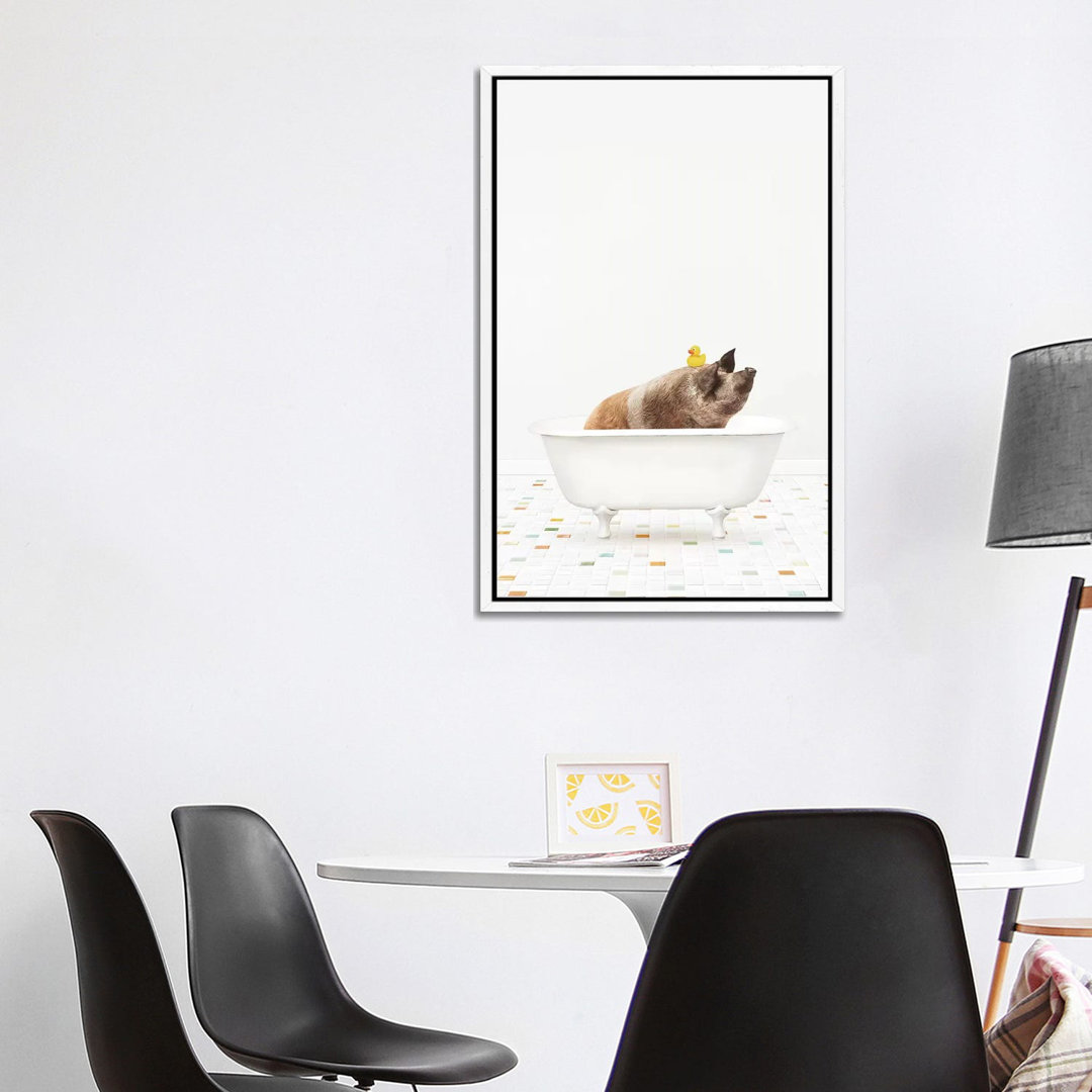 Happy Larry Pig In A Vintage Bathtub With Rubber Ducky-Canvas
