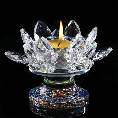 Tea candle glass clear crystal lotus flower stand with spin system & gift 