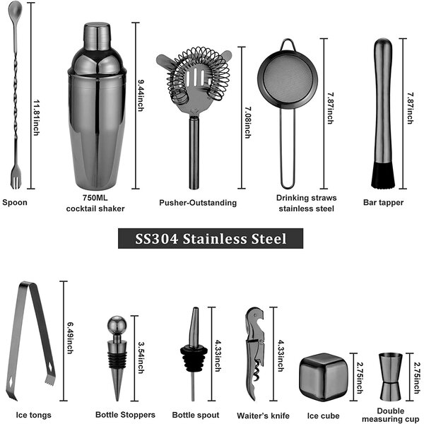 18 Piece Cocktail Shaker Set with Rustic Pine Stand,Stainless Steel Bartender Kit Bar Tools Set for Christmas Gift,Home Parties and Traveling Bars 