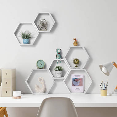 Gray & White Hexagonal Wall Shelf Set Home Cottage Decor. 