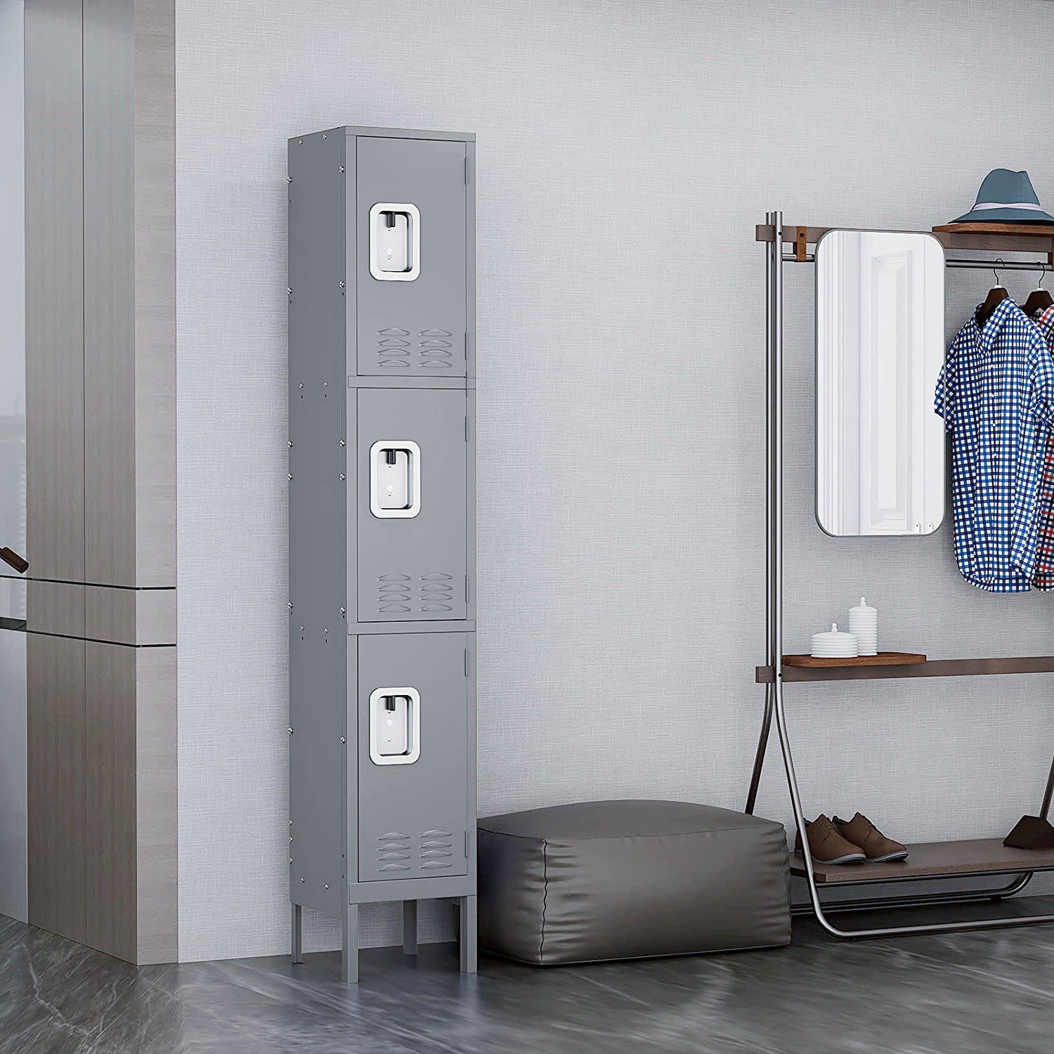 Merzario 3 Tier Metal Lockers With Hanging Hooks And Key For Employees