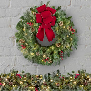 Green Wood Curl w/ Pinecones & Glittered Gold Dust Christmas Door Wreath 