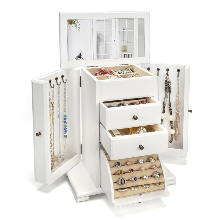 Wooden Jewelry Box Organizer Jewelry Holder Cabinets Rustic Jewelry Hanging Storage with 4 Drawers and 2 Doors for Ring Earring Bracelets Necklace Display Hanger White 