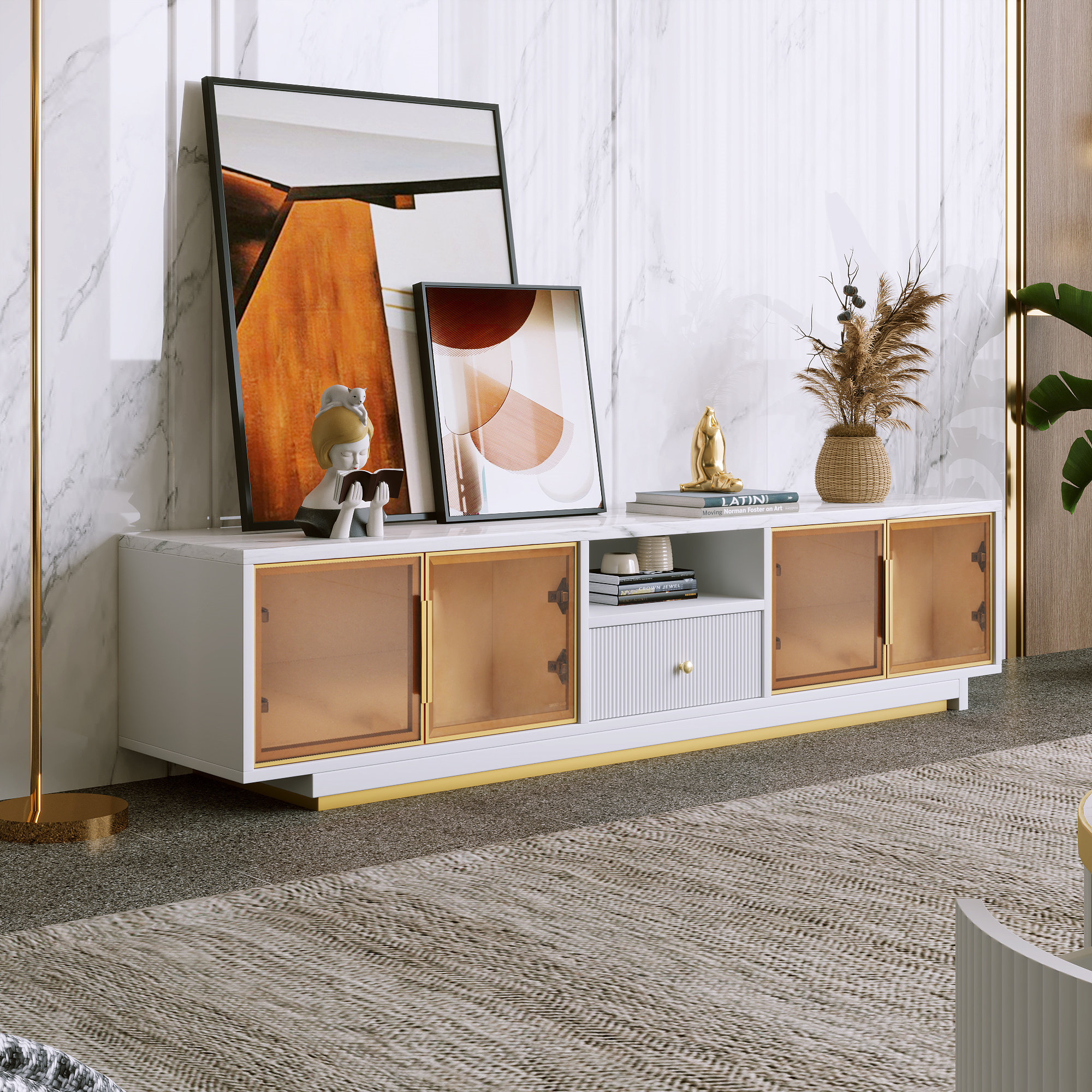 Brayden Studio Modern Design Marble Effect TV Stand With Storage Unit
