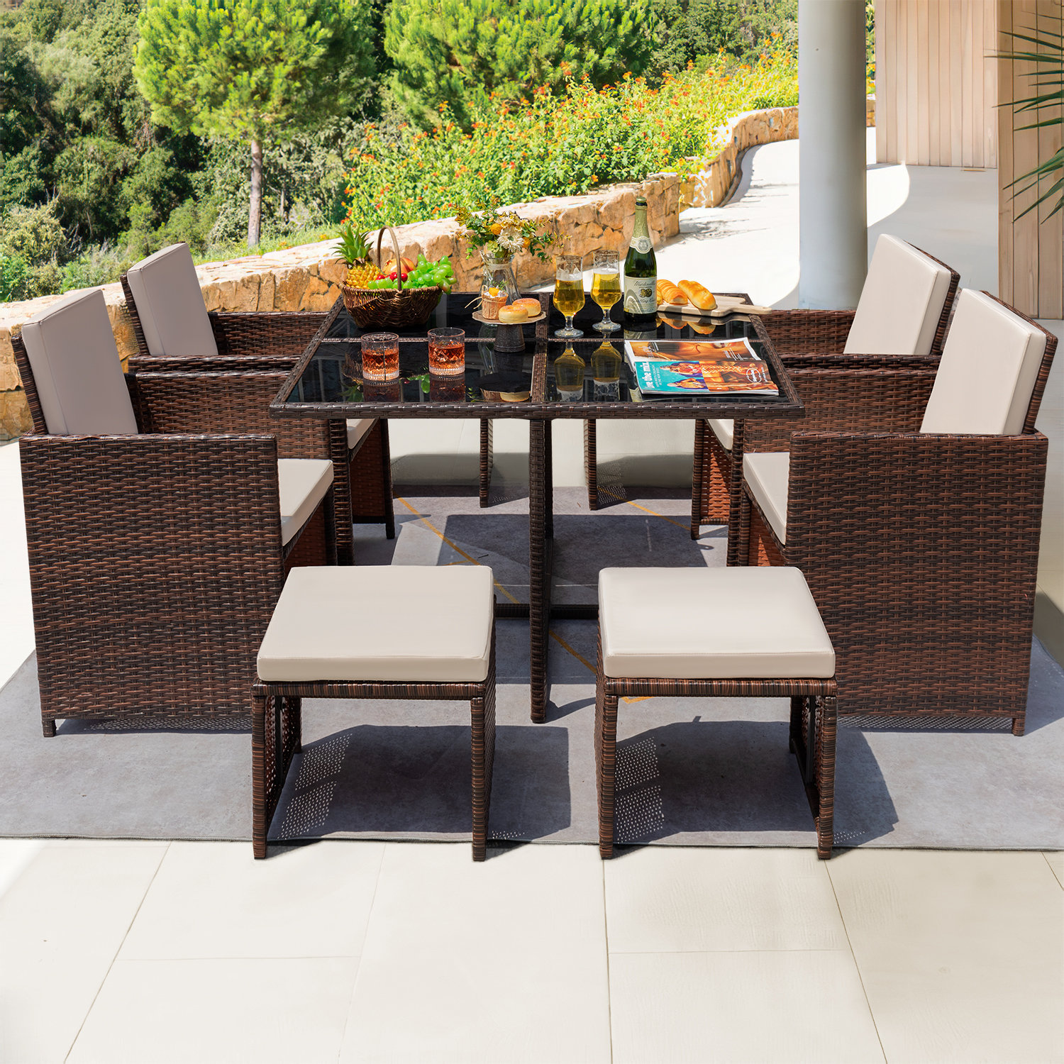 Aluminium garden furniture set 4+1  table and chairs dining suite foldig glass 