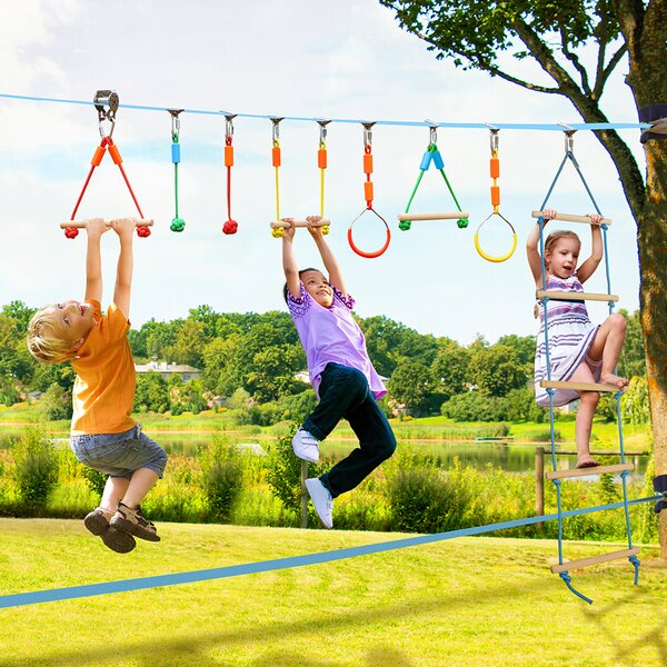 Playground Equipment for Ninja Slackline Monkey Bar Climbing Rope Ladder Gentle Booms Sports 7 in 1 Ninja Warrior Obstacle Course Accessories with Gymnastic Bar Rings 