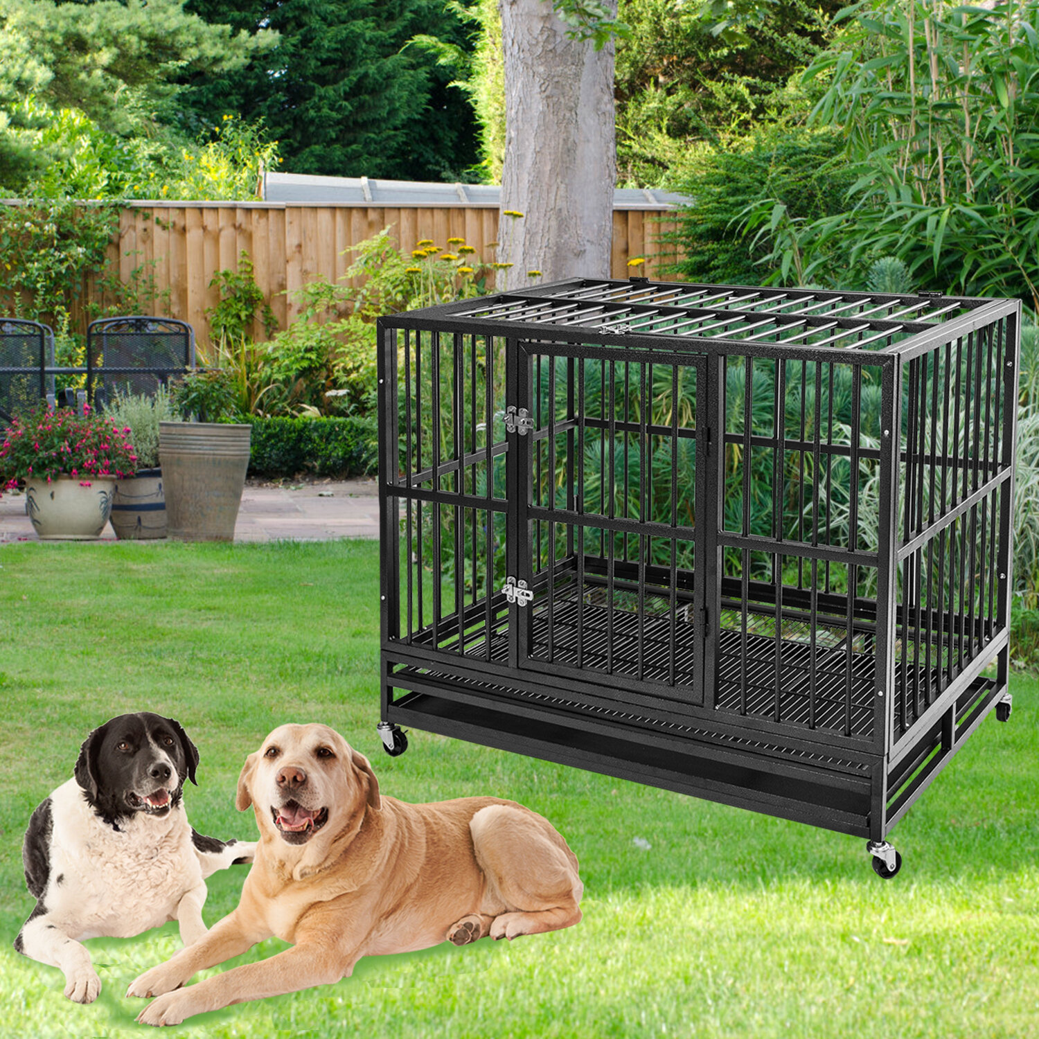 Tucker Murphy Pet Heavy Duty Dog Crate 42 Inch Dog Crates For Large Dogs Indestructible Dog Cage Kennel With Lockable Wheels Strong Metal 2 Doors And Removable Tray Design 