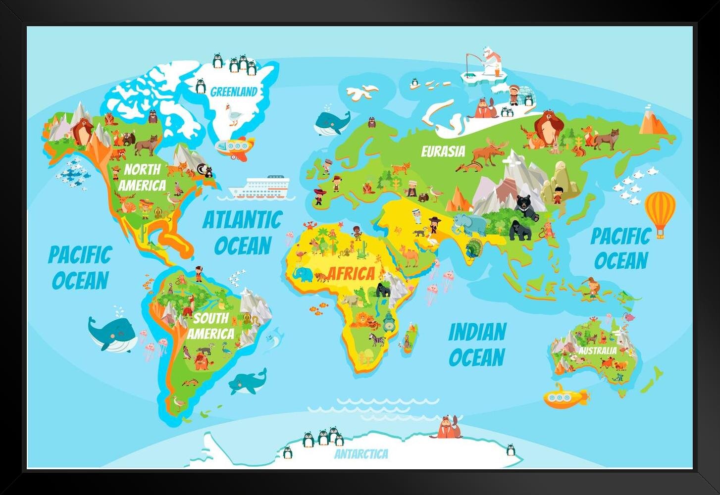 Zoomie Kids Educational Kids Global World Map Cartoon Animals Travel World  Map With Cities In Detail Map Posters For Wall Map Art Geographical  Illustration Tourist Black Wood Framed Art Poster 20X14 -