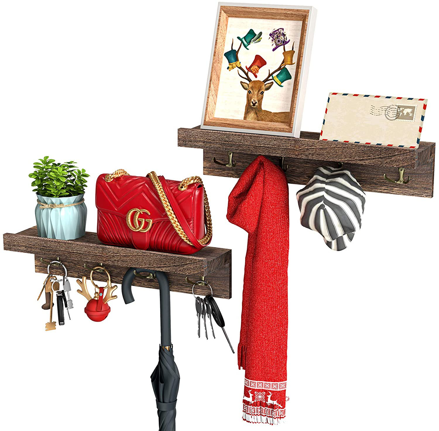 Loon Peak® Floating Shelves With Hooks 2 Packs, Rustic Wood Floating Shelves Wall Mounted, Wall