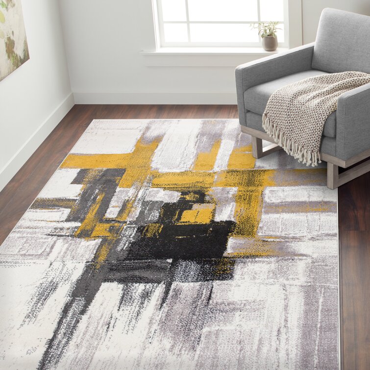 Mustard Gold Grey Thin Stripes Rugs Small Extra Large Abstract Floor Carpet Soft 