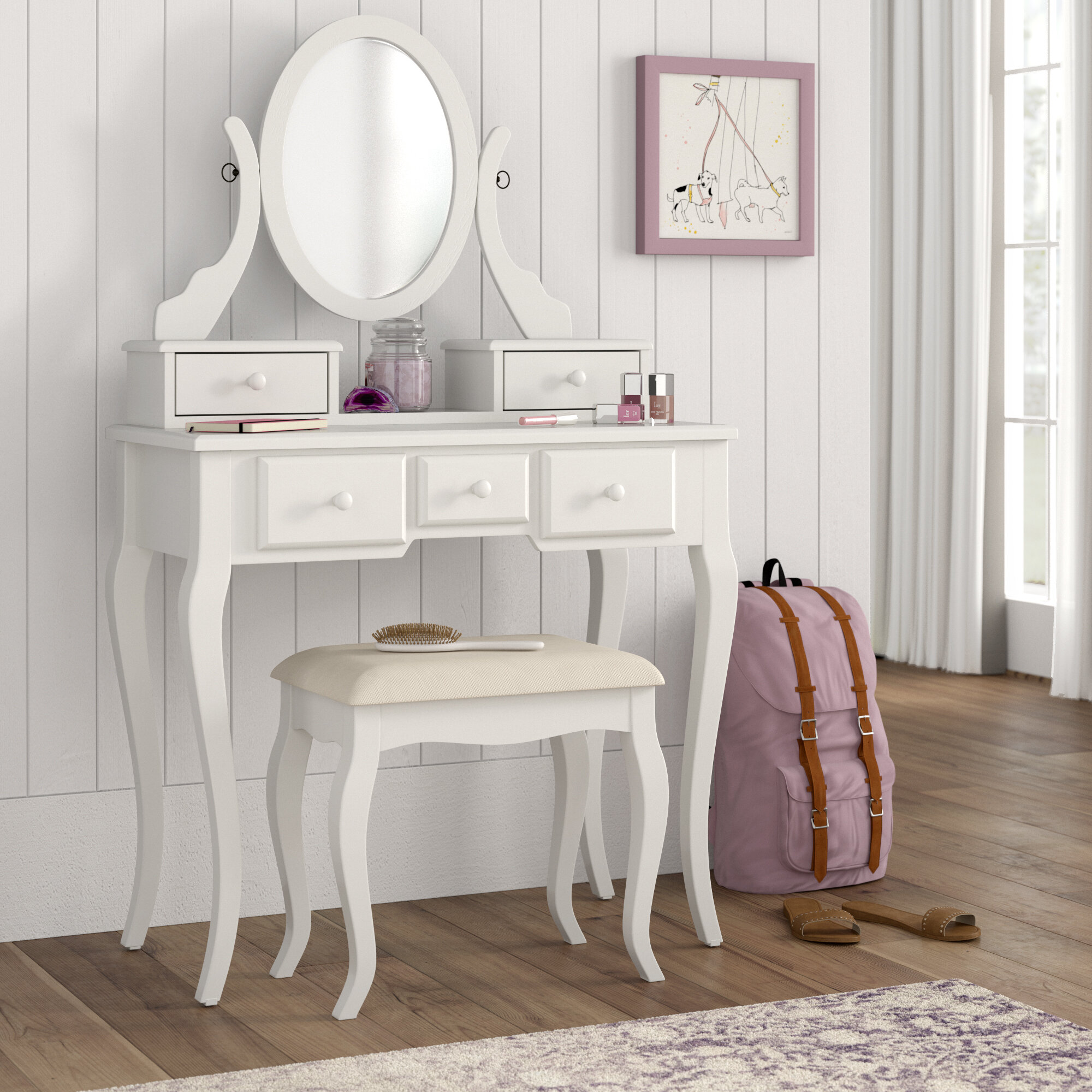 High Street Design Cream Dressing Table/Bedroom Chair with Cabriole Legs and Cushions 36 x 36 x 90 cm Dark Blue 