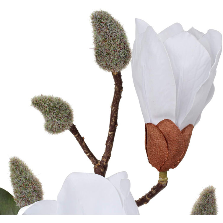 Stems of Faux Silk Flowers 3 Branches of Realistic White Artificial Magnolia 