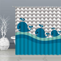 Sea Wave Whale Funny Fishing Cat Shower Curtain Sets For Bathroom Decor w/ Hooks 