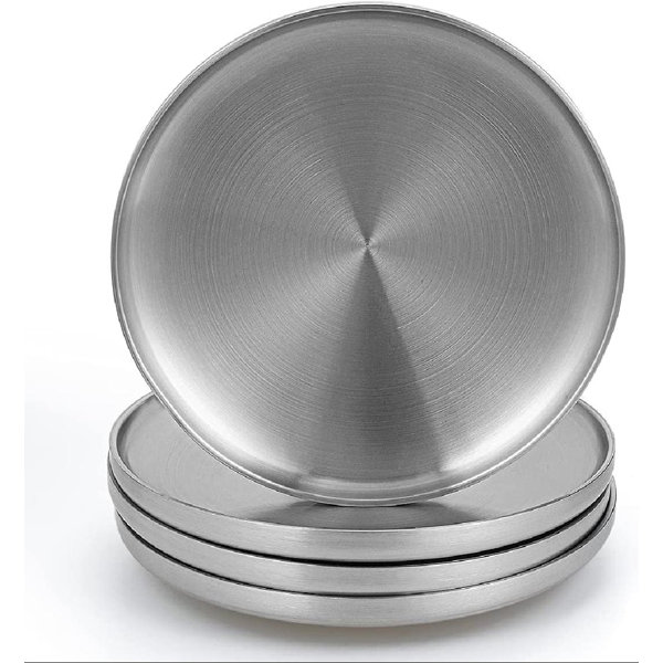 304 Stainless Steel Dinner Plates, 9" Double Layered Serving Plates, Brushed Metal Dishes For Camping, BBQ, Steak, Salad, Snack, Pack Of 4, 9