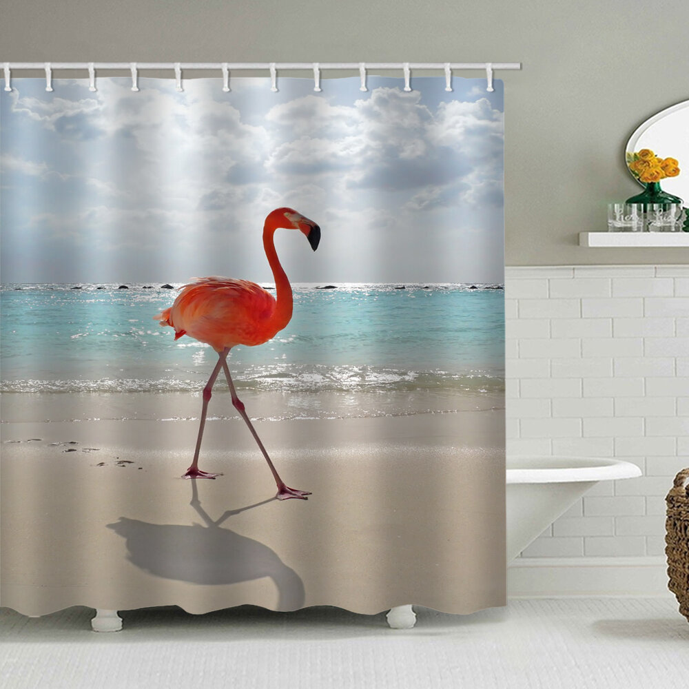 Tropical Flock of Flamingos Pineapples Fabric Shower Curtain Bathroom Bird Home 
