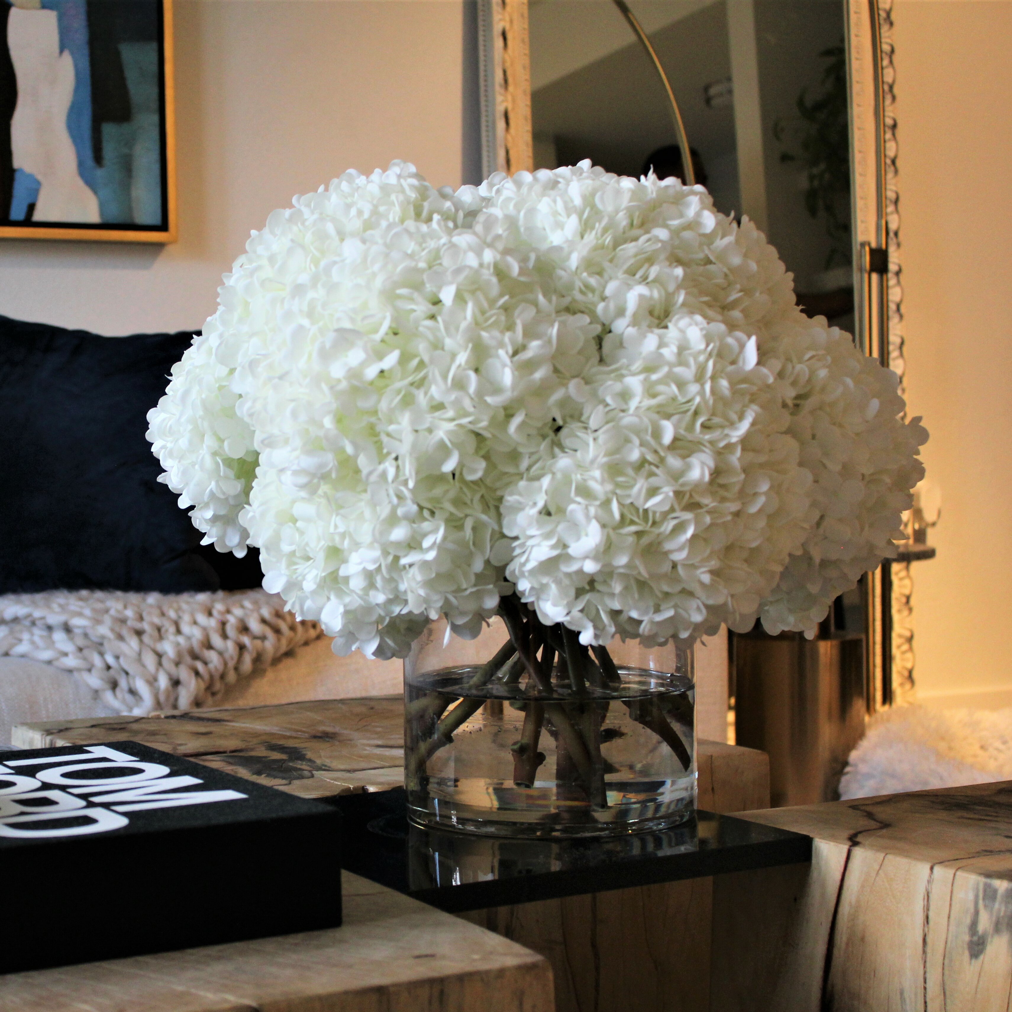 CFADesignGroup White Hydrangeas In Glass Cylinder Vase & Reviews Wayfair