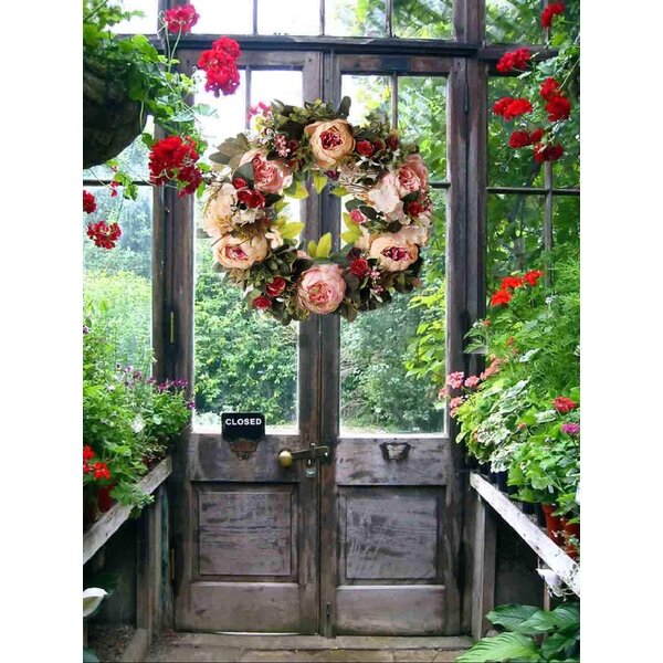 16'' Front Door Wreath Wall Decor Hanger Artificial Flowers Garland Round Floral 