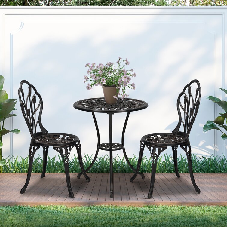 Belleze 3 Piece Bistro Outdoor Patio Set Leaf Design Weather Resistant Round Table 2 Chairs Bronze Cast Garden Furniture 