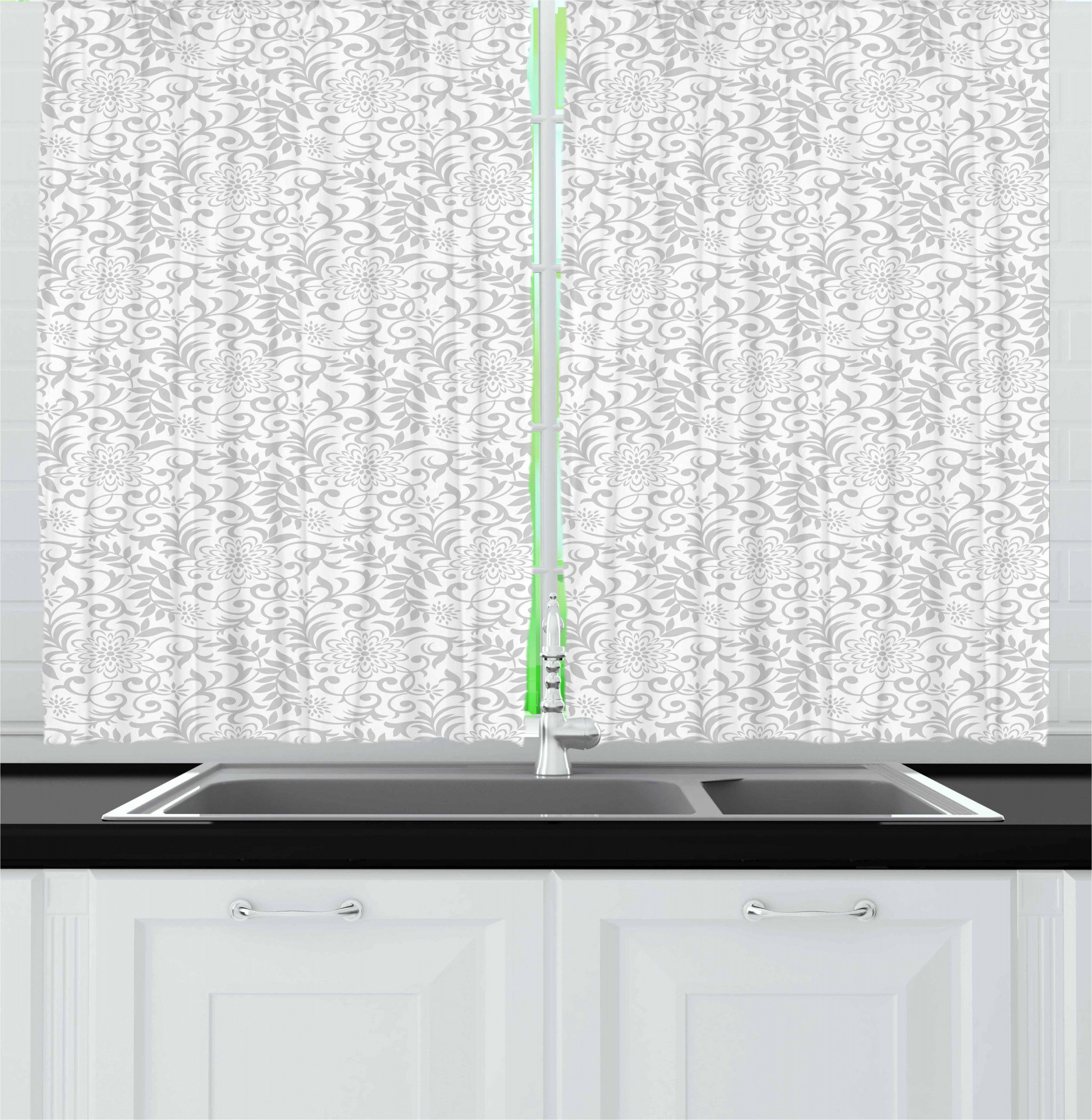 East Urban Home Damask Pointed 55'' Kitchen Curtain in Gray/White Wayfair