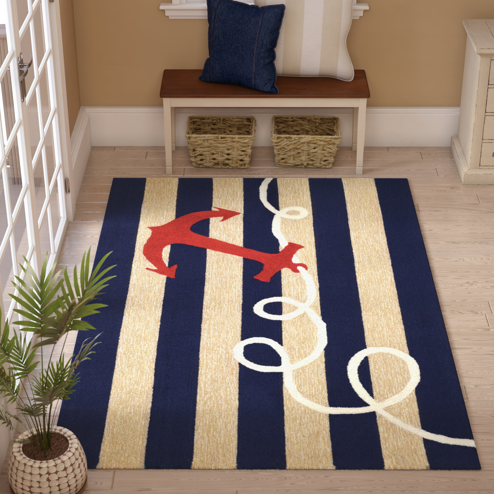 Red Nautical Anchor Entry Way Outdoor Door Mats Welcome Rugs with Navy Blue and 