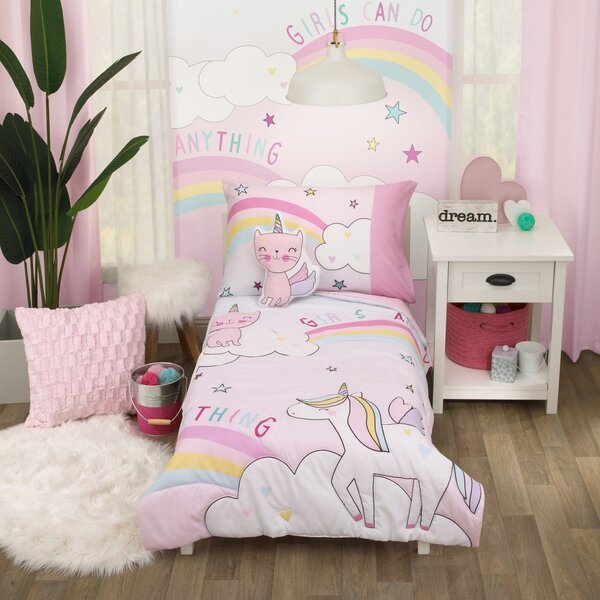 Rainbow Unicorns Girls Full Queen Comforter Shams & Toss Pillow Bedding Set 