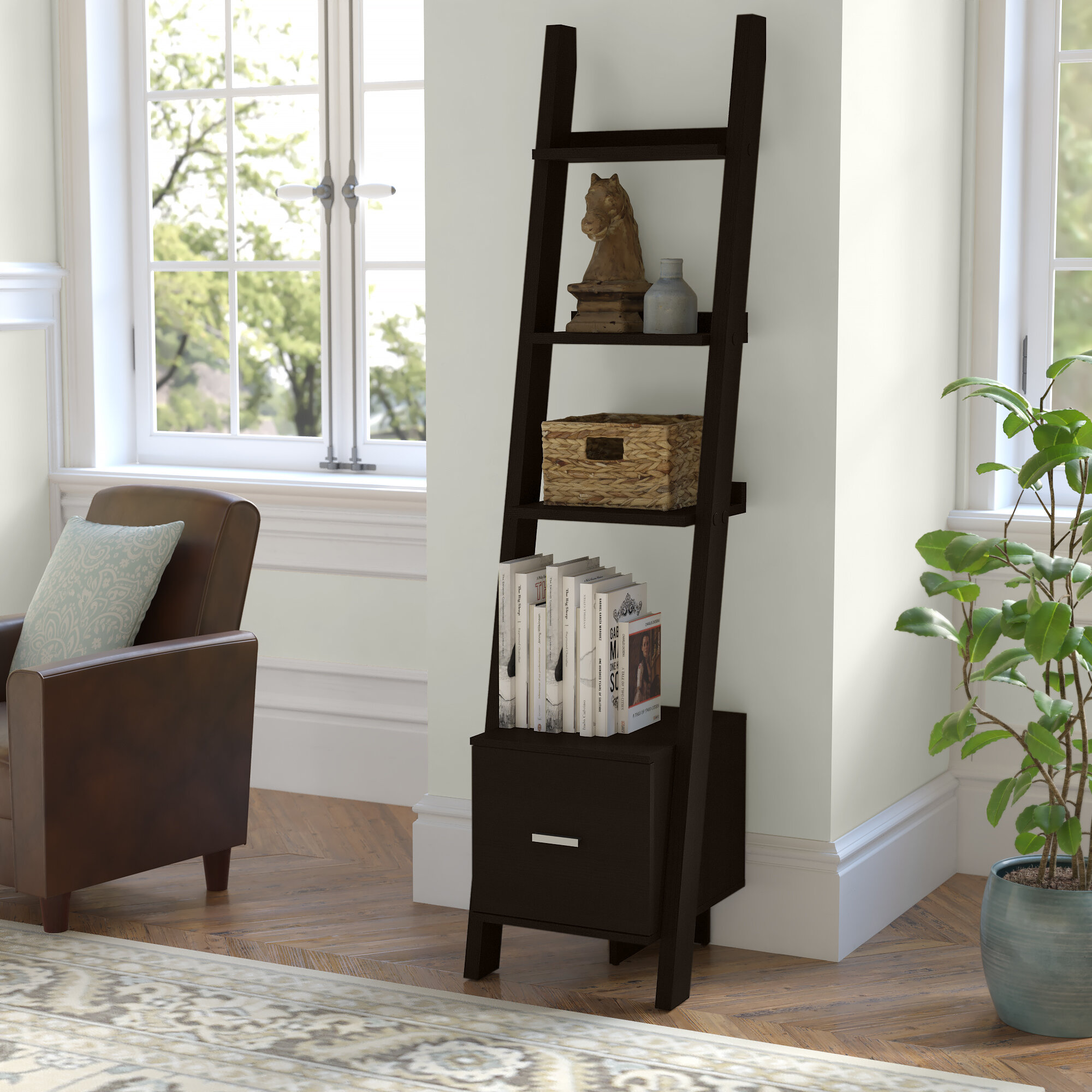 Monarch Specialties Cappuccino 69h Ladder Bookcase With 2 Storage Drawers for sale online 