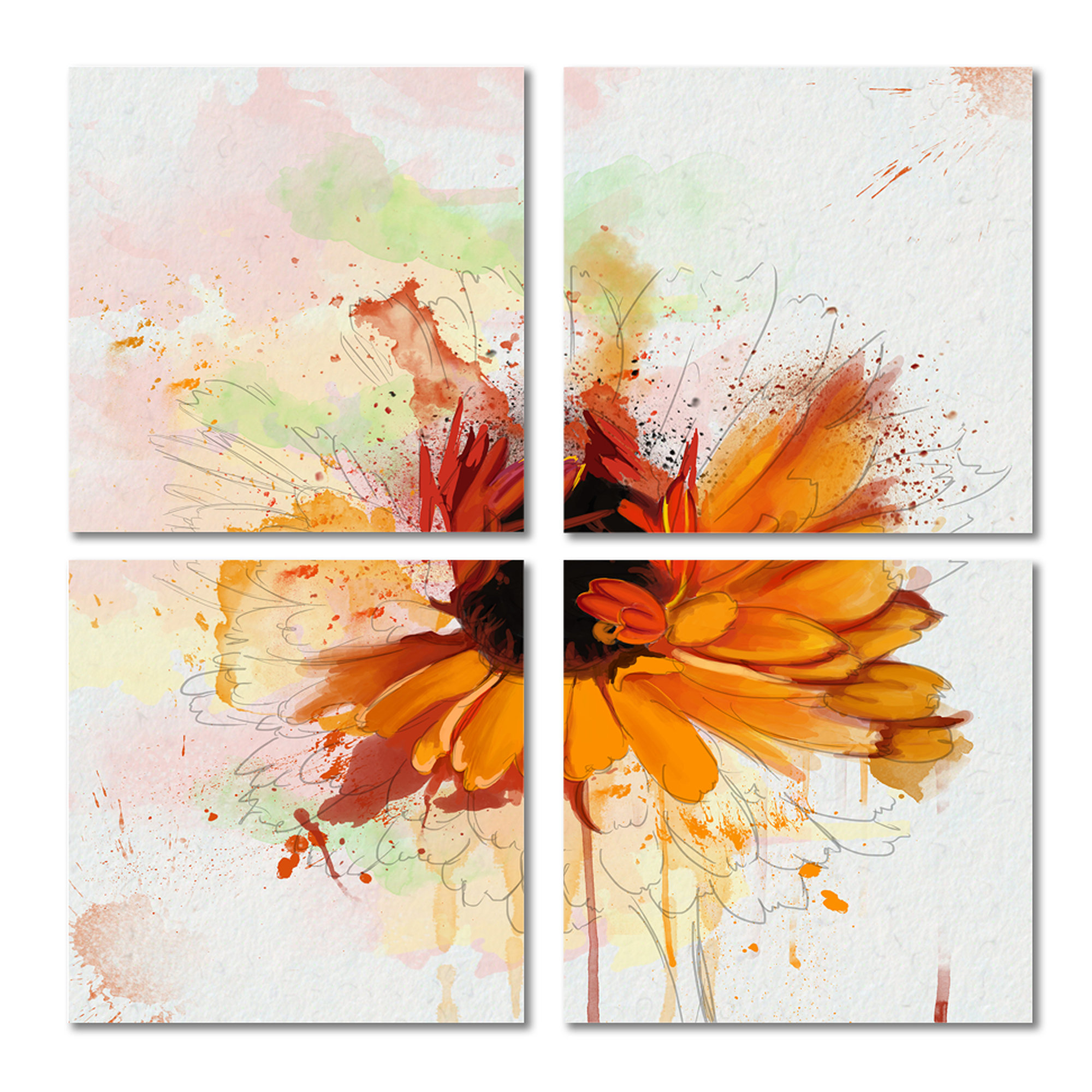 Red Barrel Studio® Sunflower Drawing With Paint Splashes 4 Piece