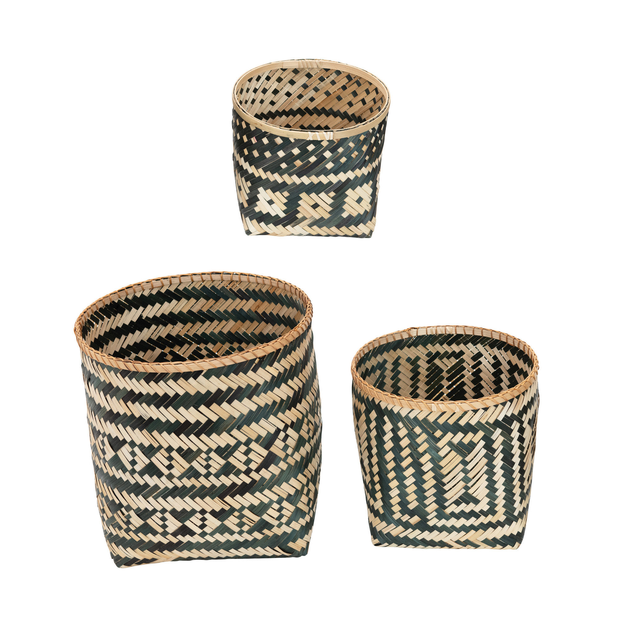 Bayou BreezeBamboo Baskets With Pattern, Natural & Black, Set Of 3