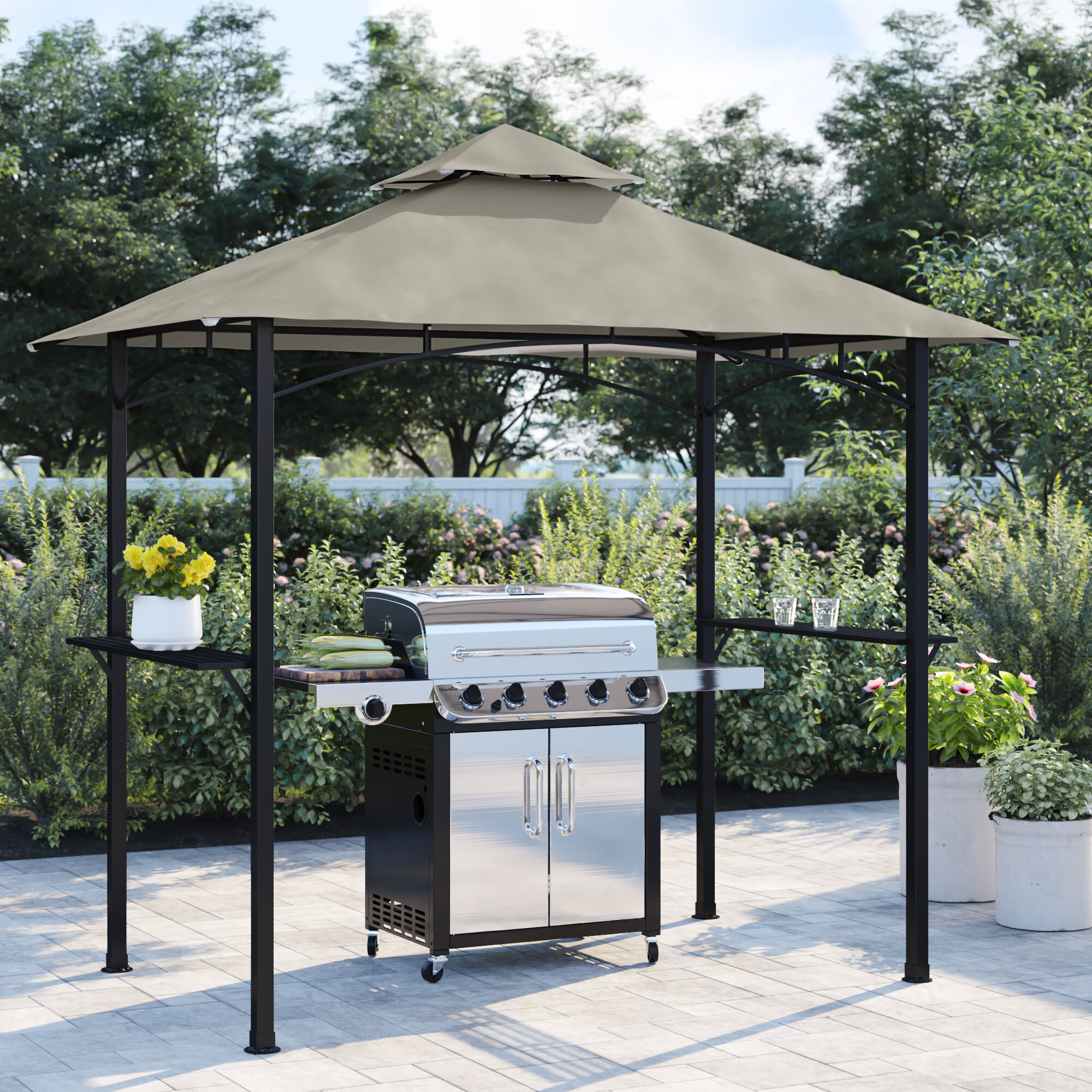 8 ft x 8 ft Gazebo with Top Vent Canopy Steel Metal Frame All Weather Material 