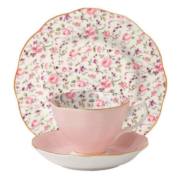Ensemble de 3 tasses et 6 soucoupes rose rouge et poignée dorée